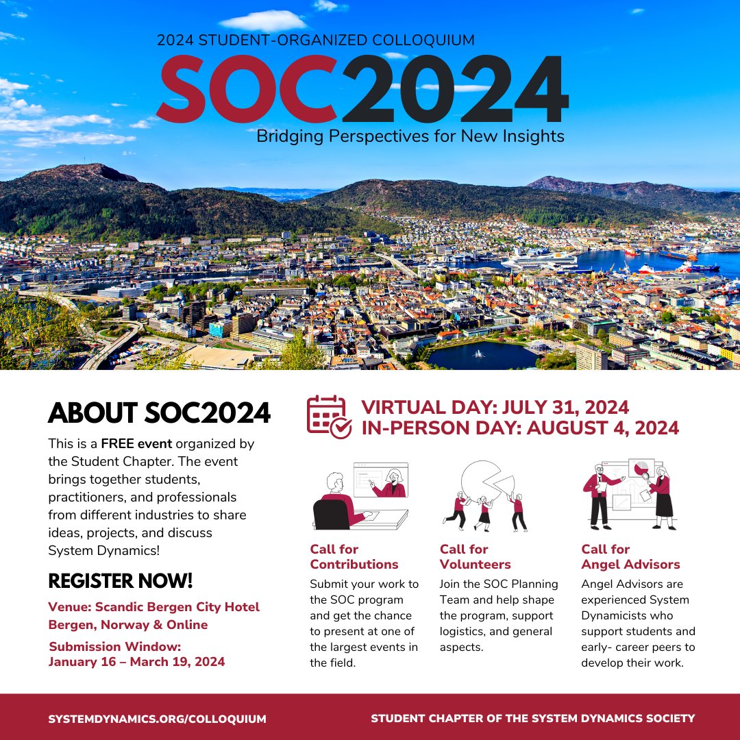 📣 JOIN the Student-Organized Colloquium 2024! See you in Bergen or virtually! 🇳🇴 Virtual Day | July 31, 2024 In-Person Day | August 4, 2024 in Bergen 🔗 Learn more: ow.ly/Q9zg50Re9Al #SystemDynamics #systemsthinking #ISDC2024 #SOC2024 @SD_SOColloquium