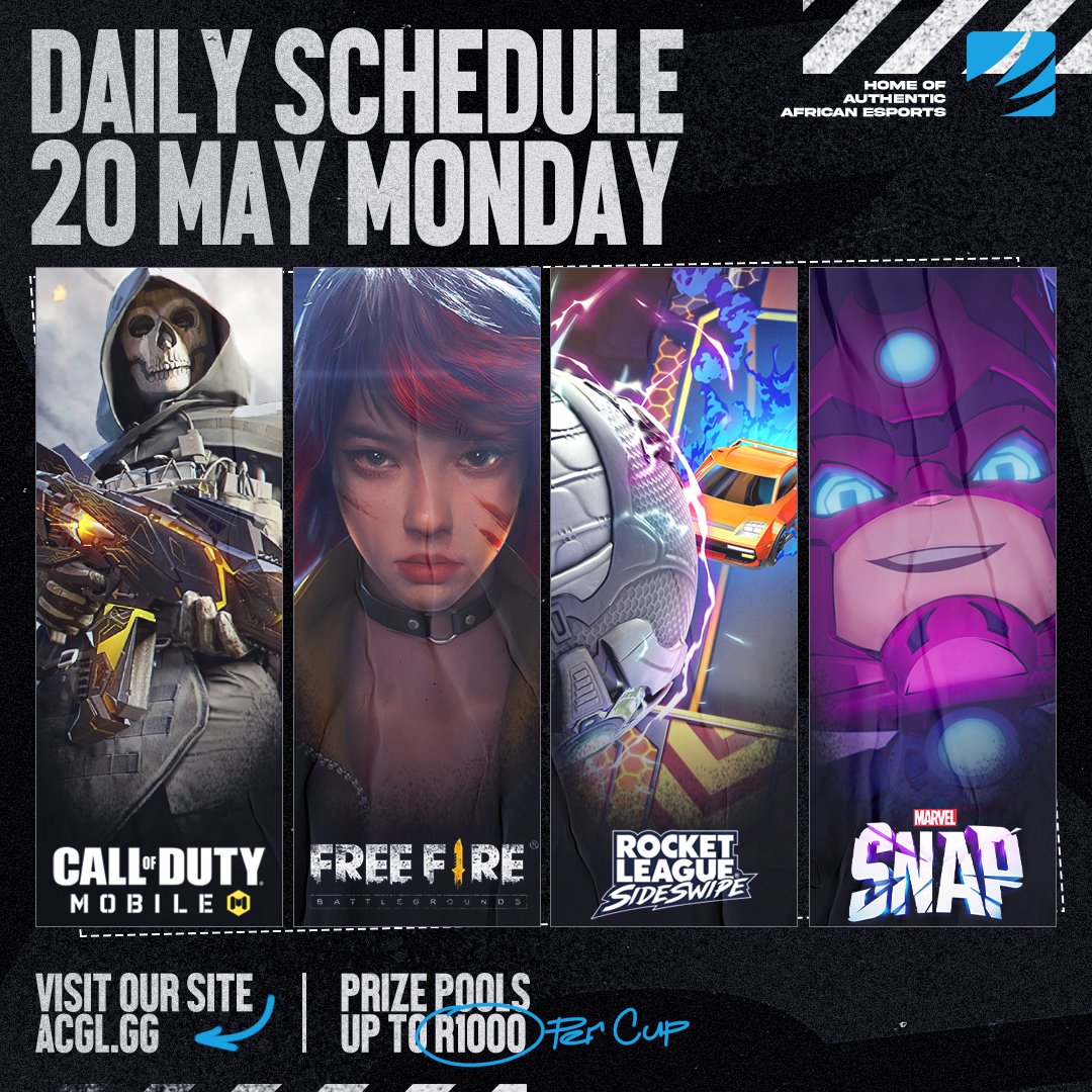 AfricanGaming's tweet photo. π
Monday night's online cups:
π² #FreeFire
β½οΈ #RocketLeague #Sideswipe
π² #CODmobile
β#MarvelSnap
π° Up to R1,000 cash per cup.
π Register for free via our site: https://t.co/2wjHldsWLj
#FreeFireZA #CODMZA #RLZA #AfricanEsports #esportsZA https://t.co/icB2Q3iMsu