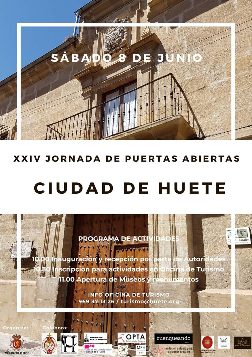 ¡Descubre la magia de Huete en nuestra XXIV Jornada de Puertas Abiertas de Monumentos y Museos! 🌟

📅 Fecha: sábado 8 de junio de 2024
🕒 Hora: desde las 10.00 hasta las 19.00
📍 Lugar: Huete, inscripciones Oficina de Turismo 

 #Cultura #Historia #turismohuete

Te esperamos!