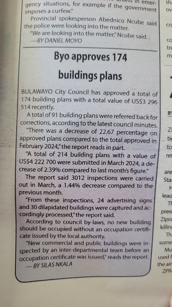 In most economies a lead economic indicator is 'building plans passed' statistics.  It gives insight into to my mind a most accurate indicator of capital formation.
Our national reporting on this metric is woefully insufficient.
Thank you City of Bulawayo for trying 
Ko
