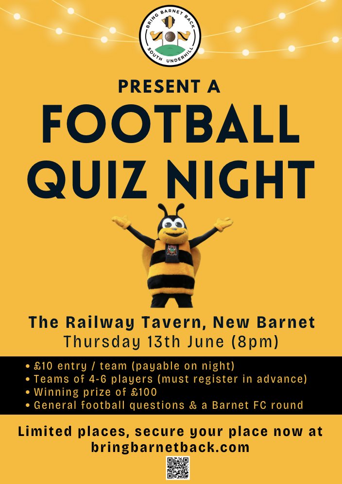 🟠⚫️BBB Pub Quiz! ⚫️🟠 Join us on Thursday 13th June for a pre-Euros pub quiz! ➡️ General football quiz ➡️ £100 prize ➡️ All welcome! Sign Up: forms.gle/Fjw6hUqvzBoi3A… #BarnetFC 🐝⚽️