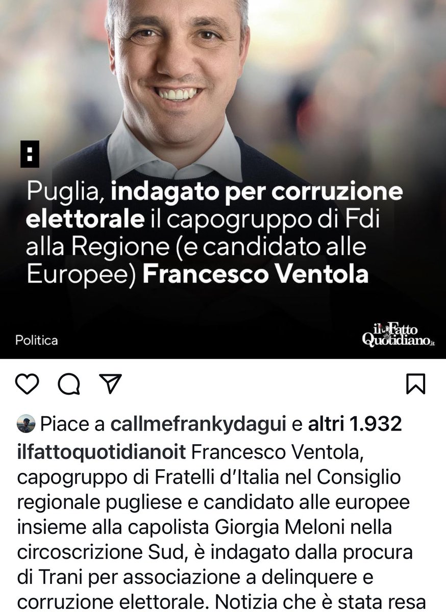 Caspita; la ⁦@RegionePuglia⁩ non porta neppure a ⁦@FratellidItalia⁩ ! Il PdC ⁦@GiorgiaMeloni⁩ accostato alle europee con questo individuo! Ma come ⁦@FratellidItalia⁩ non riportate la notizia!? Ah si; siete garantisti!