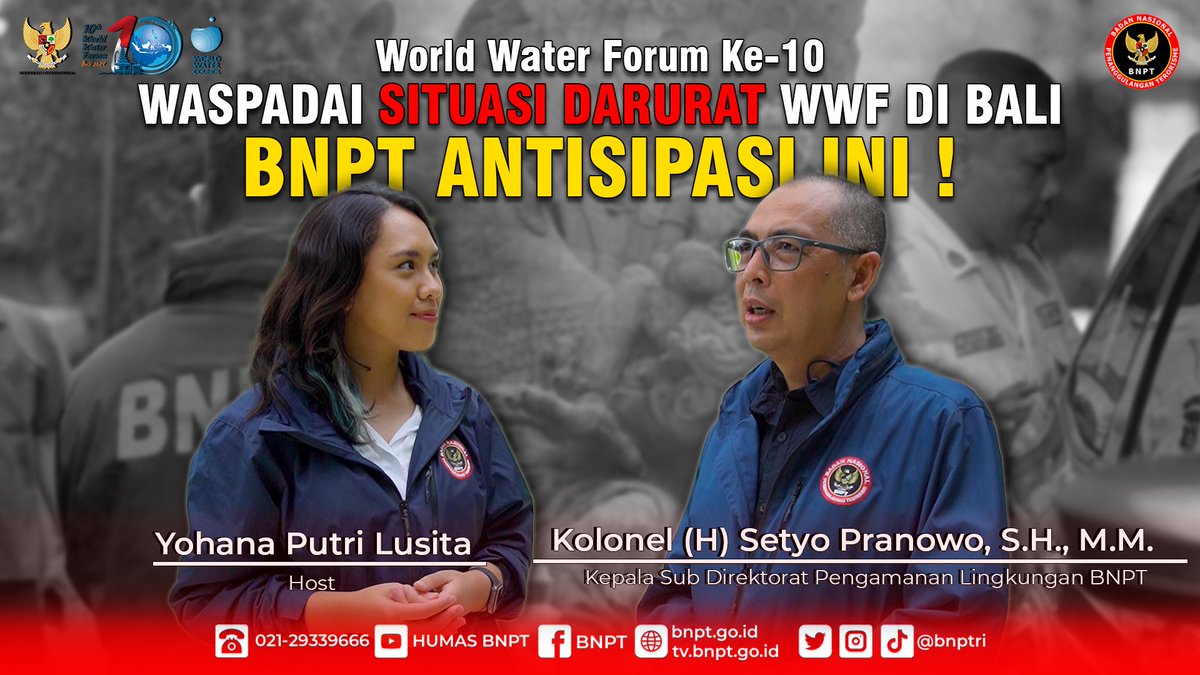 Halo #SobatDamai, BNPT telah melakukan serangkaian pengamanan untuk mencegah ancaman teror pada kegiatan World Water Forum ke-10 di Bali. Apakah sejumlah venue acara telah dinilai aman? tonton ini👇 youtu.be/lyxw6K9AU88?si… #WWF10th #WWFdiBali #WWF2024