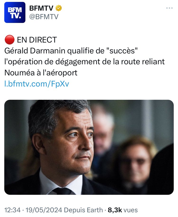 Après six morts en six jours d'émeutes contre une réforme électorale imposée par lui-meme et #Macron, voilà que #Darmanin 'se félicite' alors qu’il devrait démissionner‼️

'Né avant la honte' c’est bien comme ça qu’on dit, hein…🤷🏻‍♂️

#Nouvelle_Calédonie #DarmaninDemission