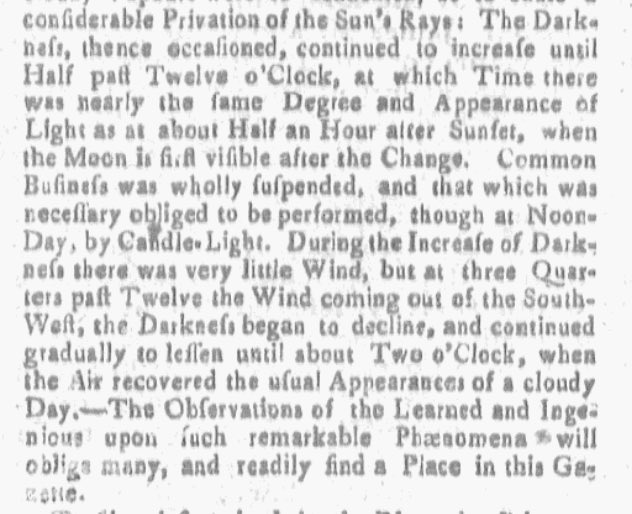 #OTD May 19, 1780, a 'Dark Day' occurred throughout New England. In RI, the Providence Gazette reported that by noon 'there was nearly the same Degree and Appearance of Light as about Half an Hour after Sunset.' It was later determined to be caused by a massive forest fire.