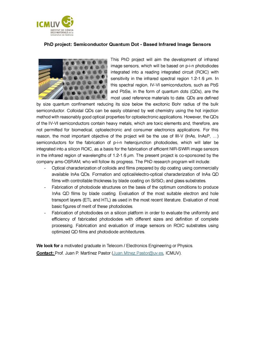 We are opening another PhD position in our group for developing SWIR photodetectors based on colloidal III-V quantum dots.