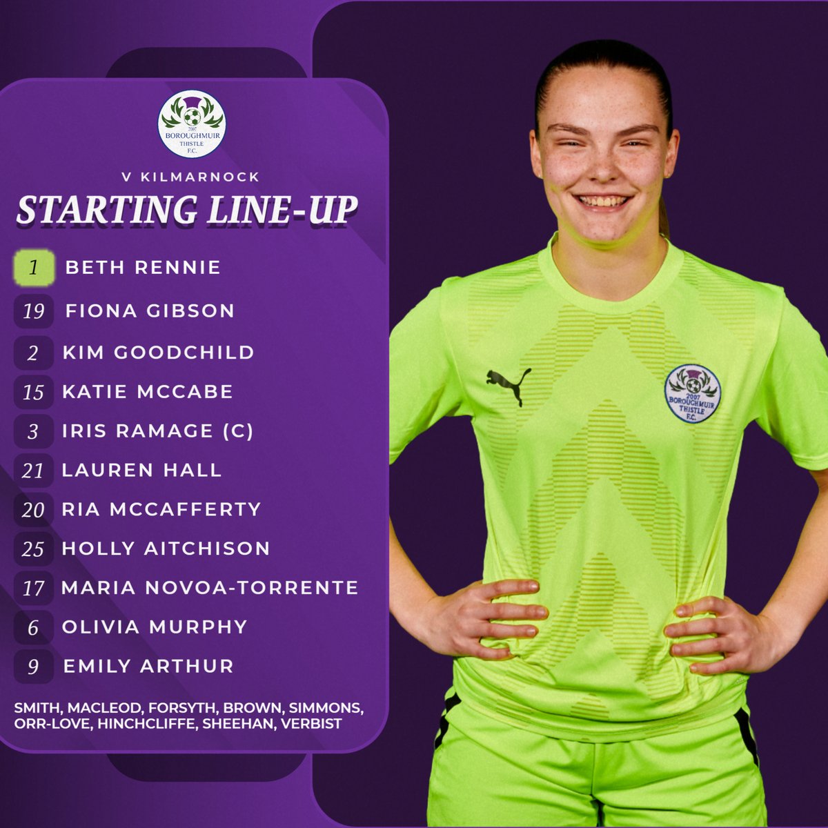 𝗦𝗧𝗔𝗥𝗧𝗜𝗡𝗚 𝗟𝗜𝗡𝗘-𝗨𝗣 👥 Good afternoon from Meadowbank! Here's your Boroughmuir Thistle team to play Kilmarnock in our final match of 23/24, with kick-off in just under an hour's time! #ThistleLive
