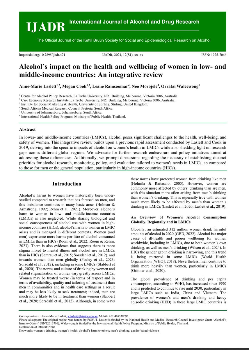Congrats Drs @LaslettAM @leaneramsoomar @NeoMorojele @OrrataiW & others for important contribution on #alcohol  & impact on #womenshealth & #wellbeing in LMICs. The paper is published #openaccess in special issue in #IJADR. #publicationalert #globalhealth 
ijadr.org/index.php/ijad…