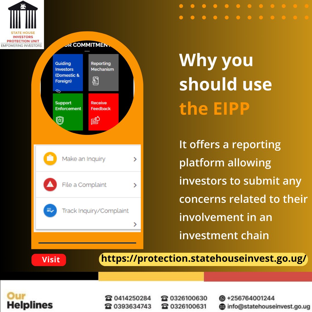 Uganda’s EIPP (protection.statehouseinvest.go.ug) enhances efficiency by removing the need for physical interactions in investor issue reporting processes. #EmpoweringInvestors | Col. Edith Nakalema | @edthnaka @ShieldInvestors