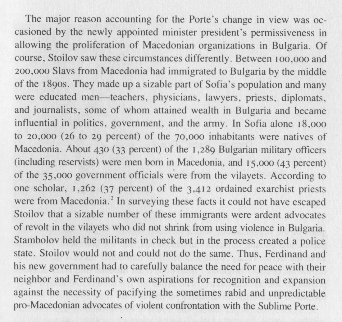 Macedonians in 1890s made up 5-10% of the Bulgarian population but 33% of military officers, 43% of government officials and 37% of priests.