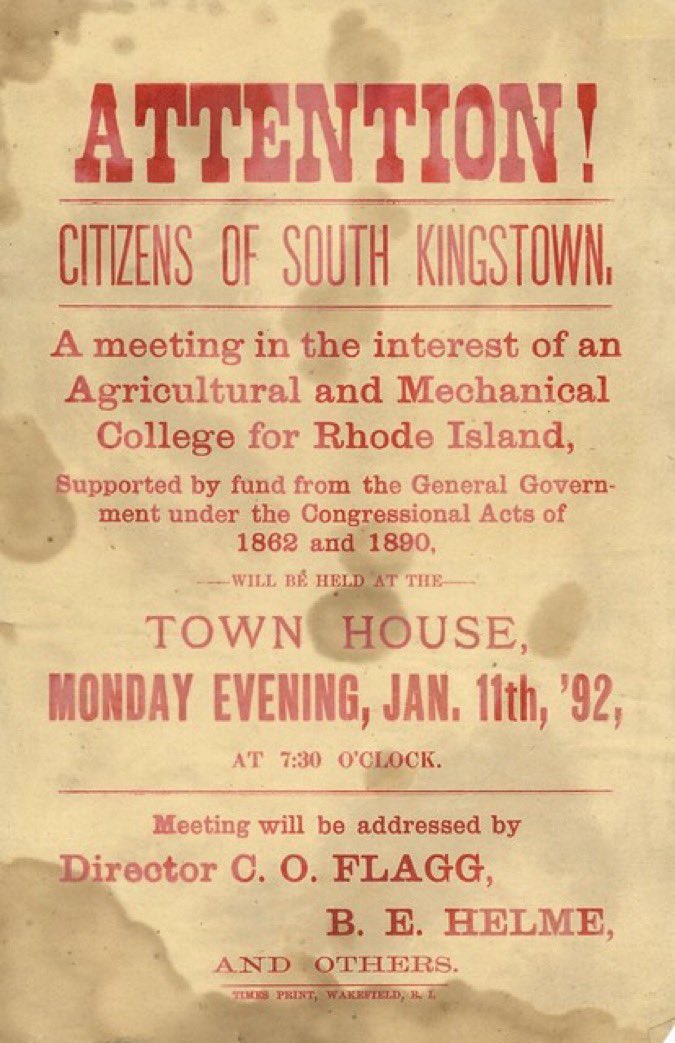 #OTD May 19, 1892, following the passage of the Second Morrill Act, the Rhode Island State Agricultural School changed its name to the Rhode Island College of Agricultural & Mechanical Arts & began offering 4-year programs. In 1951, its name was changed again, to @universityofri.