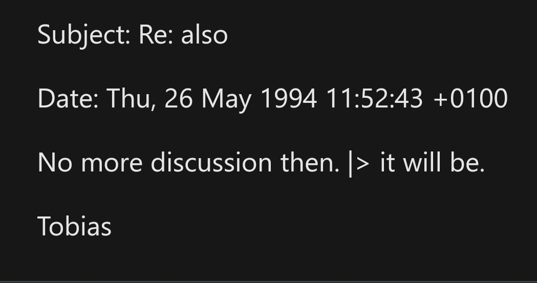 In one week people across the world will unite in celebrating the 30th anniversary of the invention of the |> operator, by Tobias Nipkow. Happy birthday |>, and happiness to all enjoying correct programming with types, functions and data ✨✨ learn.microsoft.com/en-us/archive/… #fsharp