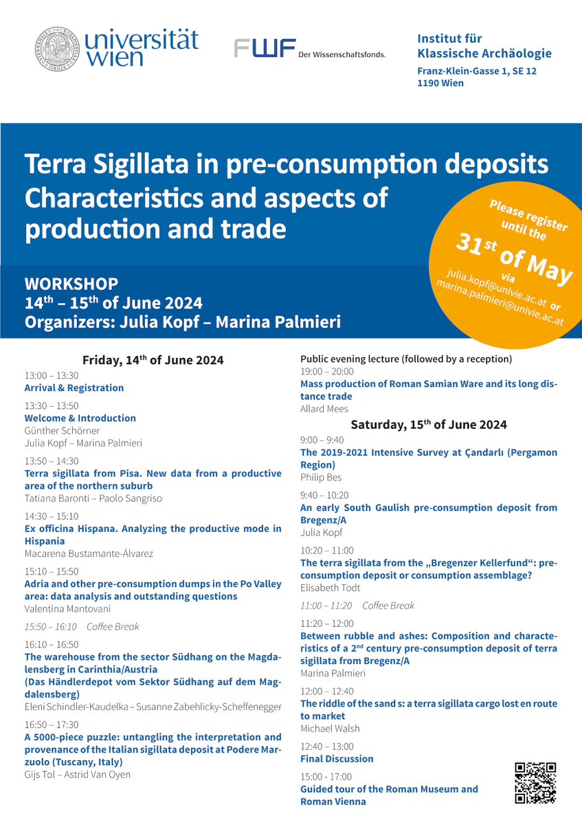 📢 Dive into the world of Terra Sigillata! Join our workshop on June 14th-15th, 2024. Several experts will discuss its production, trade, and significance in pre-consumption deposits of the Roman Period. 📅 Register by May 31st. 📧 Organized by @JuliaKopf81 & Marina Palmieri.