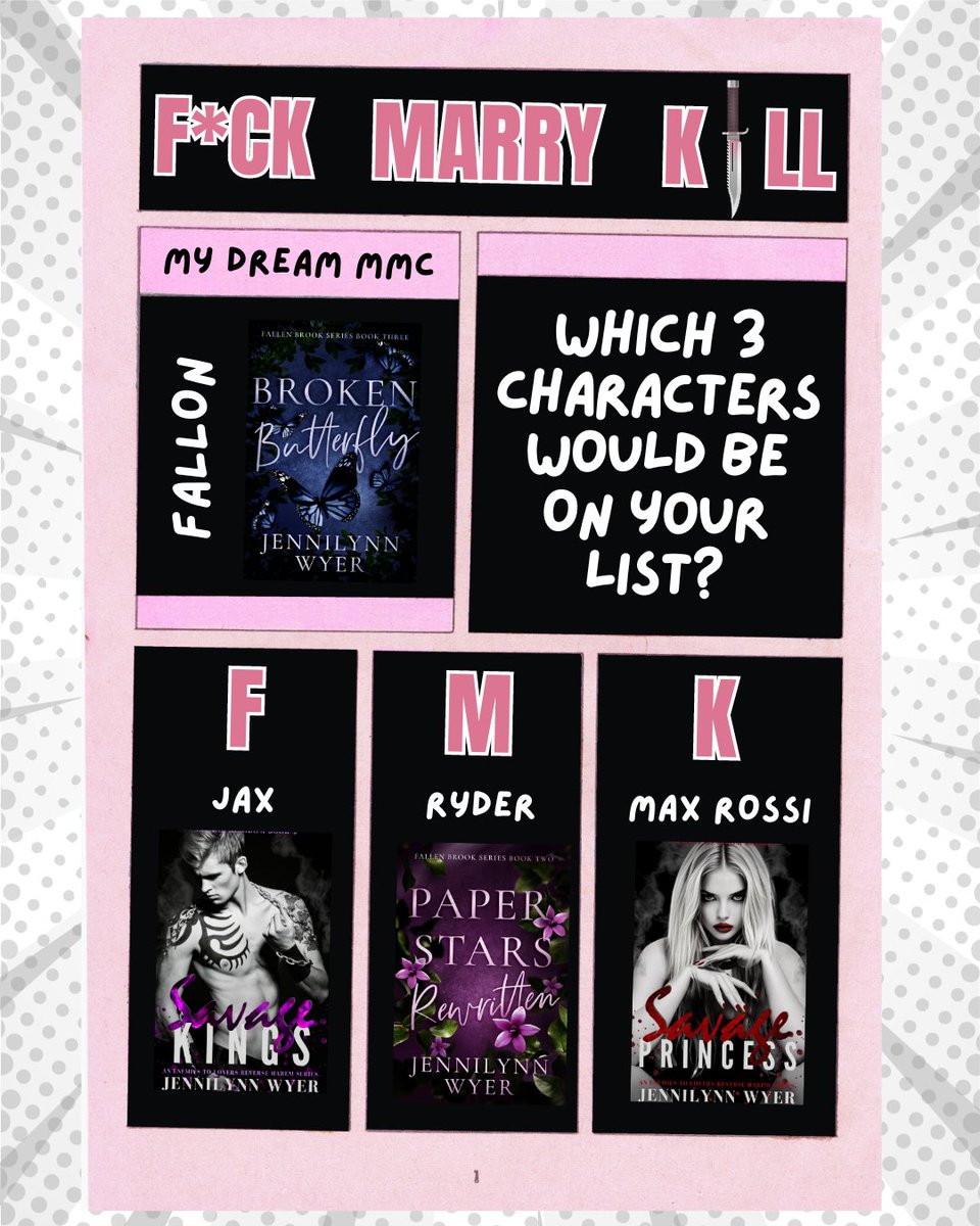 F🔥M🩷K🔪. Which 3 characters would be on your list? jennilynnwyer.com #romancebooks #books #RomanceReaders #TBR #BooksWorthReading #booklover #BookTwitter #reader #mustread #booktwt #Reading #steamyromance #KindleUnlimited #BookRecommendations #bookaddict #ReadersFavorite