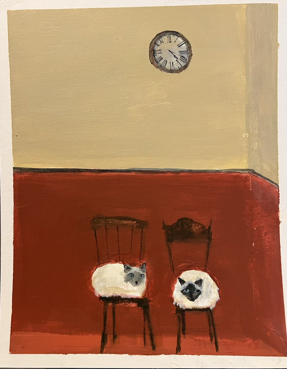 Two Siamese Cats Railway Station waiting room acrylic on board