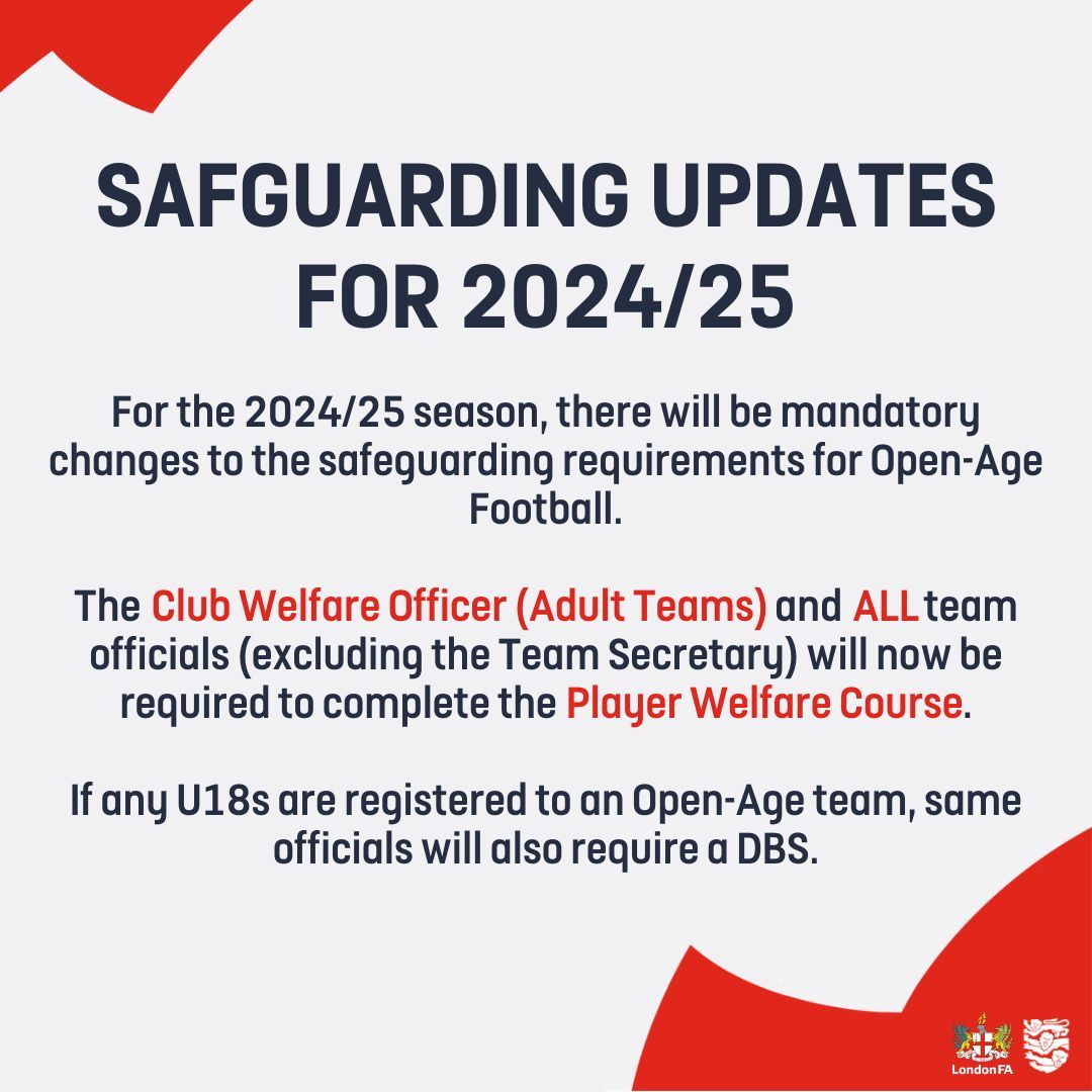 Next season there will be new 𝗠𝗔𝗡𝗗𝗔𝗧𝗢𝗥𝗬 safeguarding requirements for open-aged teams Club Welfare Officer and ALL team officials will need a Player Welfare Course qualification Officials will also need a DBS check if any U18s are registered ➡️buff.ly/4bmL8Eg