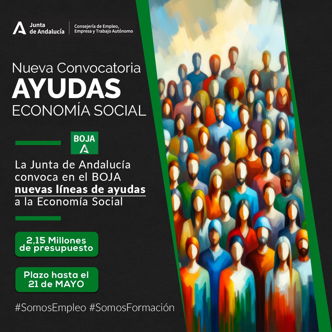 🚨 ¡Últimos días para solicitar ayudas a la Economía Social en Andalucía! 🚨 Convocatoria abierta con 2,15 millones de euros en incentivos. 🗓️ Plazo hasta el 21 de mayo 📣 ¡No te quedes fuera! Solicita ahora