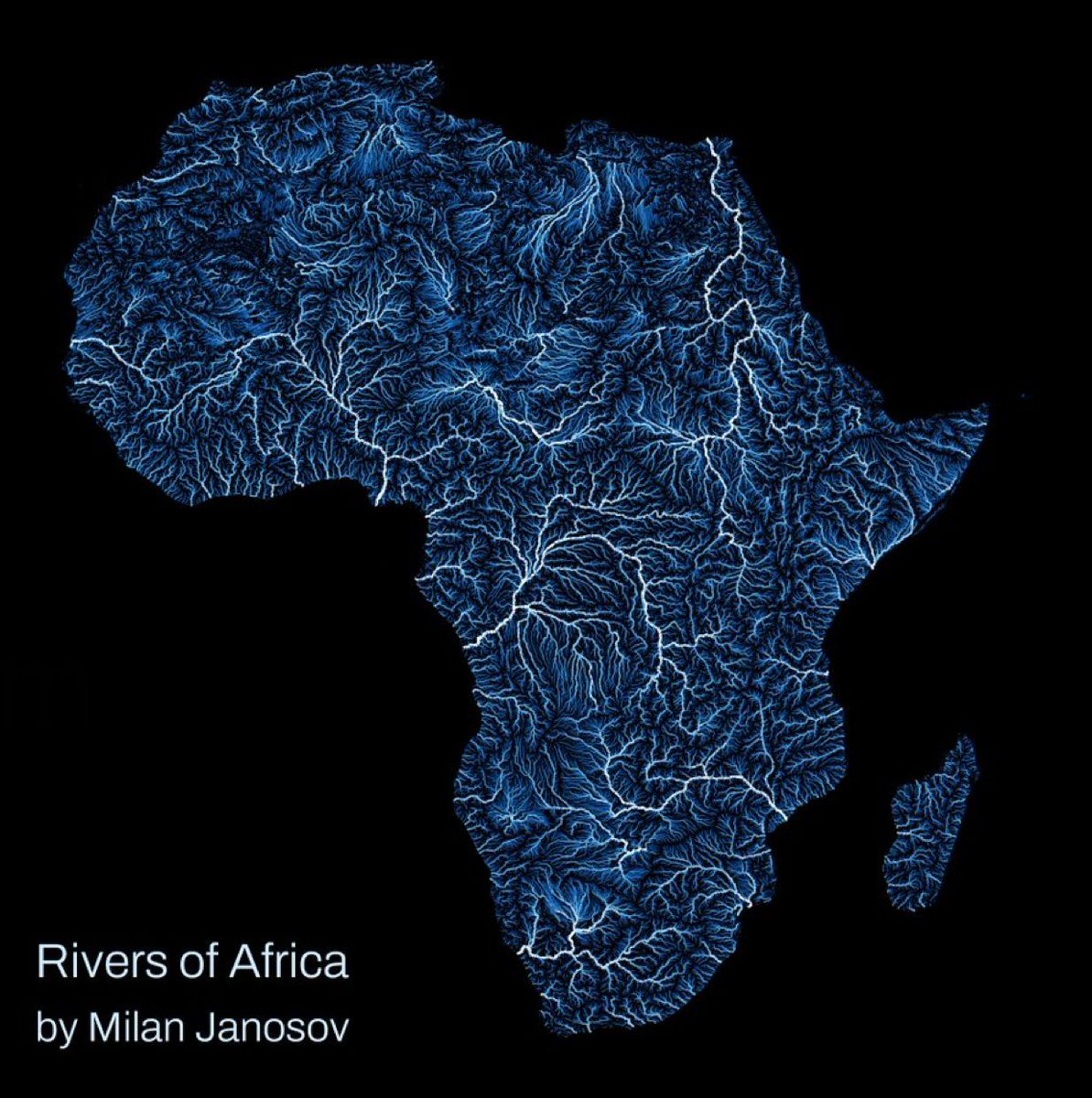 I haven’t shared one of @milan_janosov’s lovely maps in a while. Here is a beautiful view of the rivers of Africa. Mind you they don’t all carry water all the time. Just have a look at the Sahara.