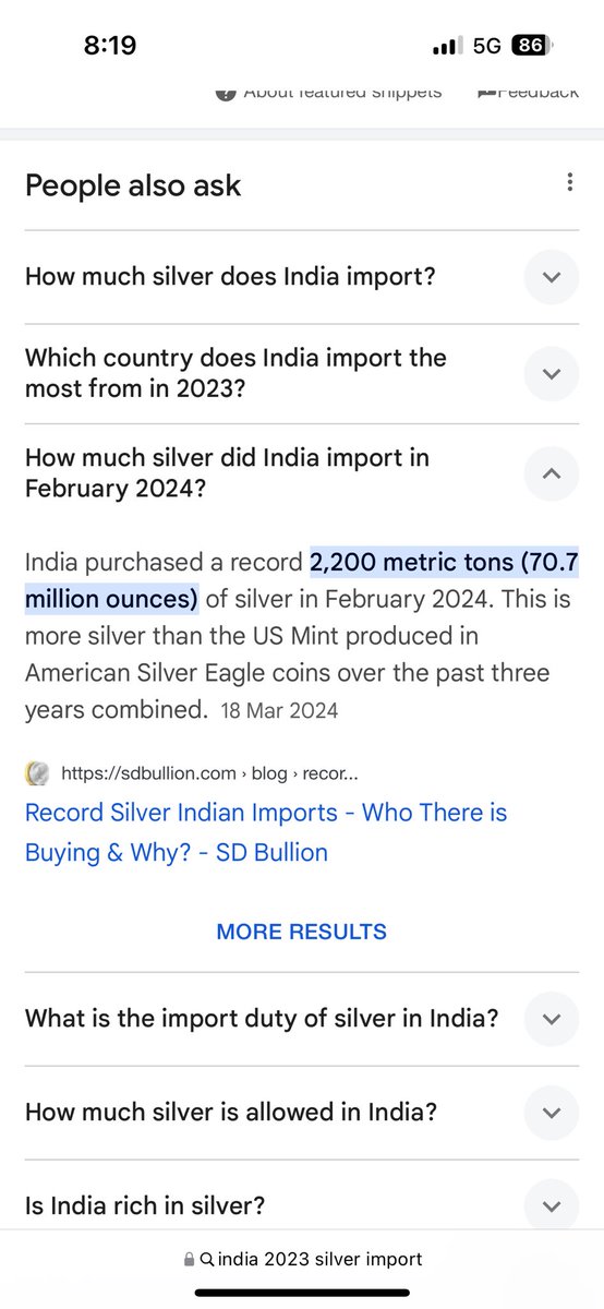 1) Total annual Global demand for silver = 1.24 billion ounces (not including military needs). Actual is probably closer to 1.6 billion ounces. 2) Total annual Silver supply is around 1.03 billion ounces. 3) Global investors hold around 2 billion ounces of Silver. 4) India