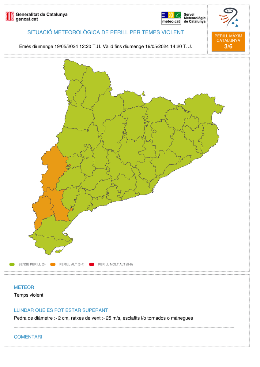 meteocat's tweet photo. ⚠️ El Servei Meteorològic de Catalunya emet avís de situació meteorològica de perill (#avisosSMP) per temps violent ⚠️

➡ Grau de perill màxim 🟠 3/6

Hora local (h) = T.U.+2 https://t.co/R7kxnyC7My