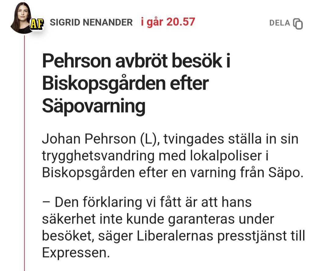 Men se då till att garantera säkerheten så att Johan Pehrson (L) kan gå precis var han vill i Sverige! 

Om en svensk minister i en sittande regering inte kan gå fri i sitt eget land så ser man till att garantera det. Om man så ska kalla in kavalleriet. Det här är helt ofattbart.
