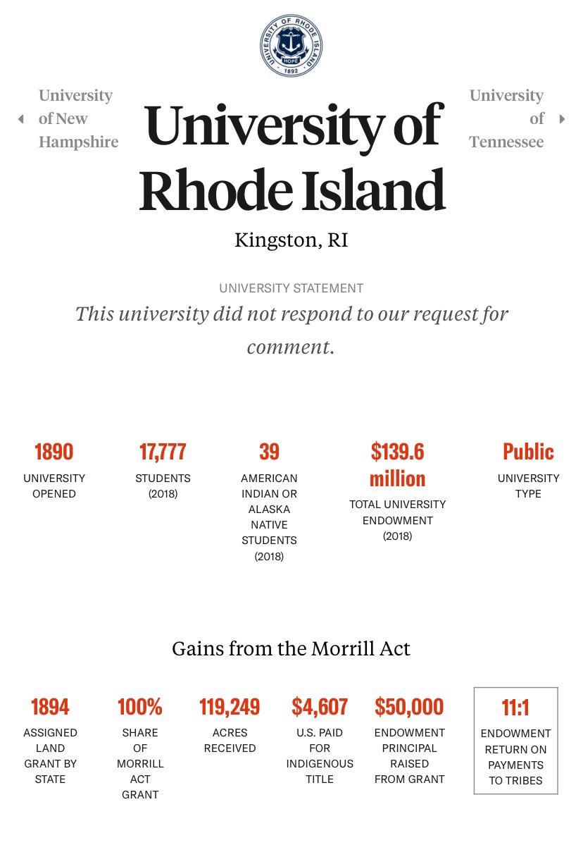 Thanks to the Morrill Act, the US govt was able to sell stolen Native lands & use the funds to purchase land grant universities like @universityofri. URI’s campus was purchased w $50k in sales, a majority from Chippewa Nation— abt $1.7m today. See more 👉🏻 landgrabu.org