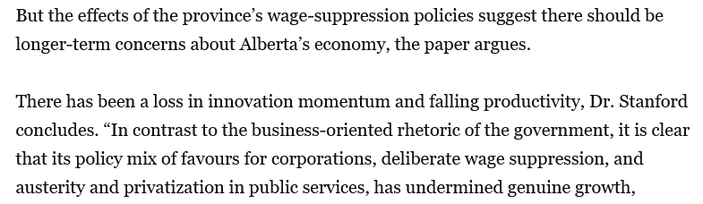 ~Scathing report on the 'AB Advantage' These policies have prioritized expanding profits for corps&business by deliberately restricting wages&job security for workers Profits in AB have grown to unprecedented heights, while workers’ share of the pie/living standards have declined
