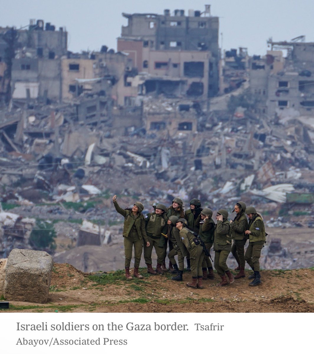 Does anyone find this as repulsive as I do? The ⁦@nytimes⁩ published a photo of Israeli soldiers taking selfies to celebrate the massive destruction they caused in Gaza -- destruction that experts believe amounts to genocide. Sign of a society in deep moral decay.⤵️