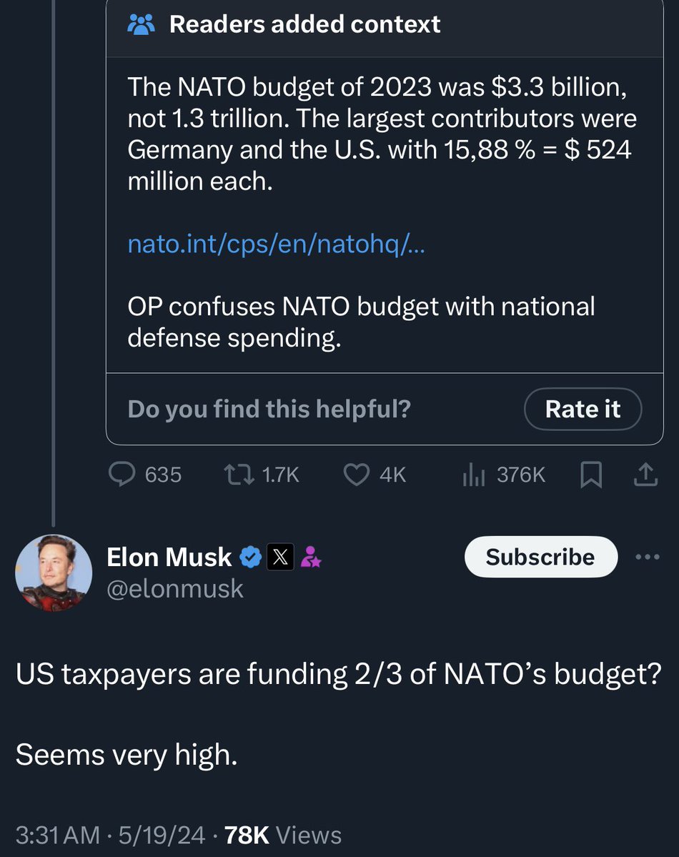 Foreign account posts a lie about US & NATO posted for the purpose of undermining the alliance. Elon amplifies the lie. Rinse, repeat.
