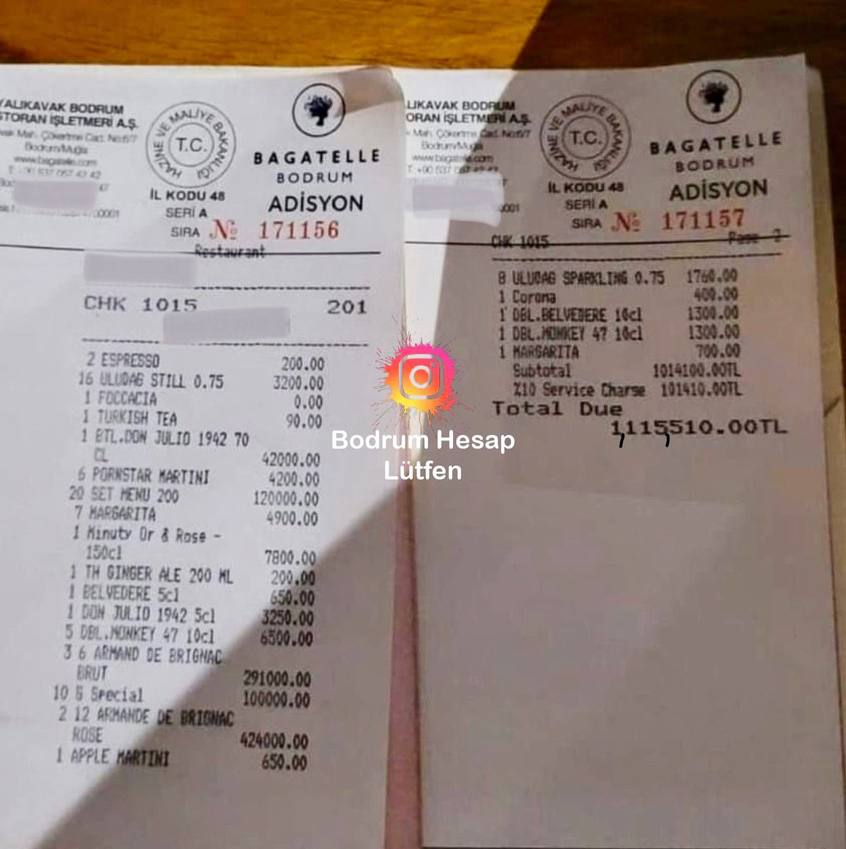 ⚠️Bodrum'da bir restoranda gelen 1 milyon 115 bin TL'lik adisyon 🥹 Bagatelle Bodrum’da müşterilerden alınan servis ücreti ise 101.410.00tl