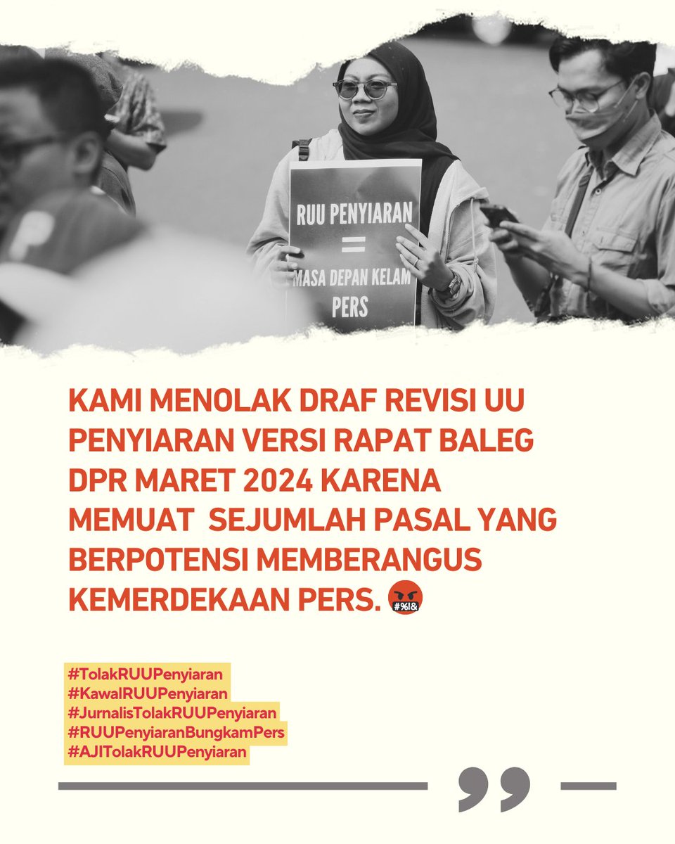 #TolakRUUPenyiaran

Digarap kilat dan diam2, tanpa melibatkan partisipasi bermakna dr pelbagai kelompok sipil yg terdampak, memuat pasal-pasal bermasalah yang berpotensi menggembosi kemerdekaan pers. Rupanya deret kejanggalan nggak cukup sampai di situ.

#AJITolakRUUPenyiaran