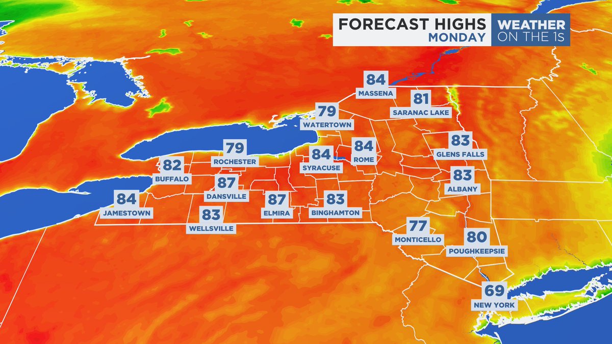 **MONDAY OUTLOOK** 😎Most of New York State is in for an early taste of summer to start the new week! 📺Spectrum News 1 #WxOnThe1s #Buffalo #Rochester #Syracuse #Albany #HudsonValley #Binghamton #Watertown #NYwx
