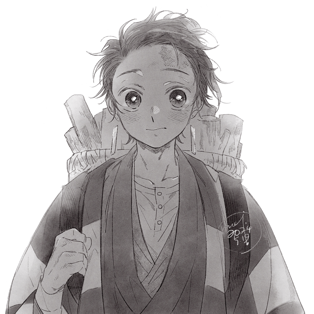 kamado tanjirou solo looking at viewer blush short hair simple background long sleeves white background  illustration images