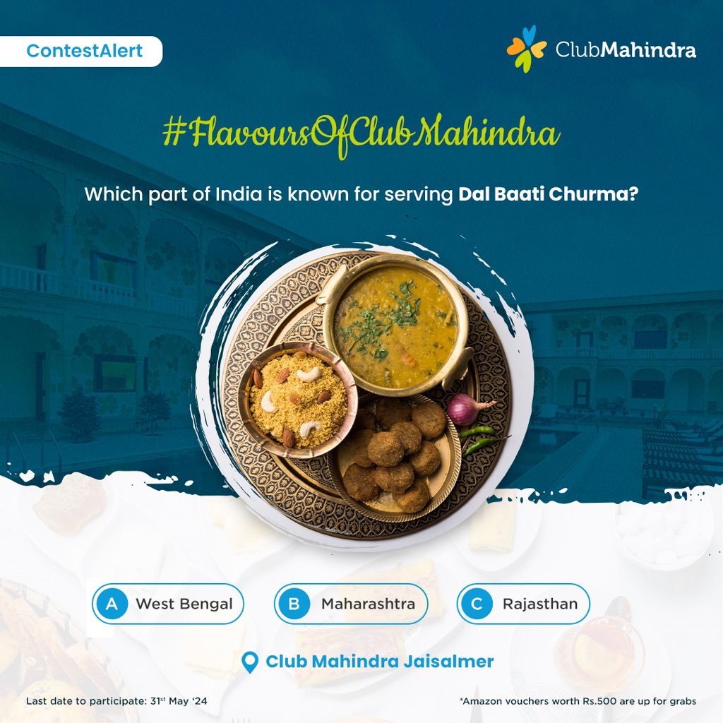 #ContestAlert 3 of 15 Participate in all #FlavoursOfClubMahindra contest posts & win.​ STEPS 1) Commenting using #FlavoursOfClubMahindra & tagging 4 friends and @clubmahindra is mandatory​​ 2)Participate in all 15 contest posts Winners get Amazon vouchers worth INR 500 each.