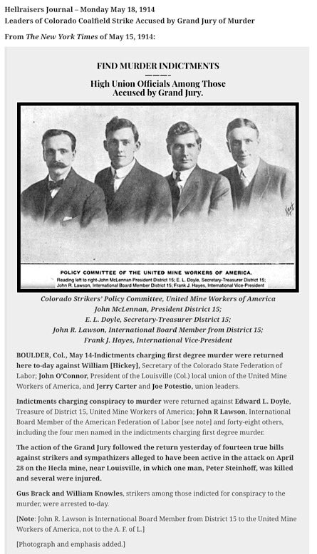 #UnionStrong #Solidarity #JohnLawson #ColoradoCoalfieldStrike1914
Hellraisers Journal: High Union Officials, Leaders of Colorado Strikers, Accused by Grand Jury of Murder and Other Crimes weneverforget.org/hellraisers-jo…