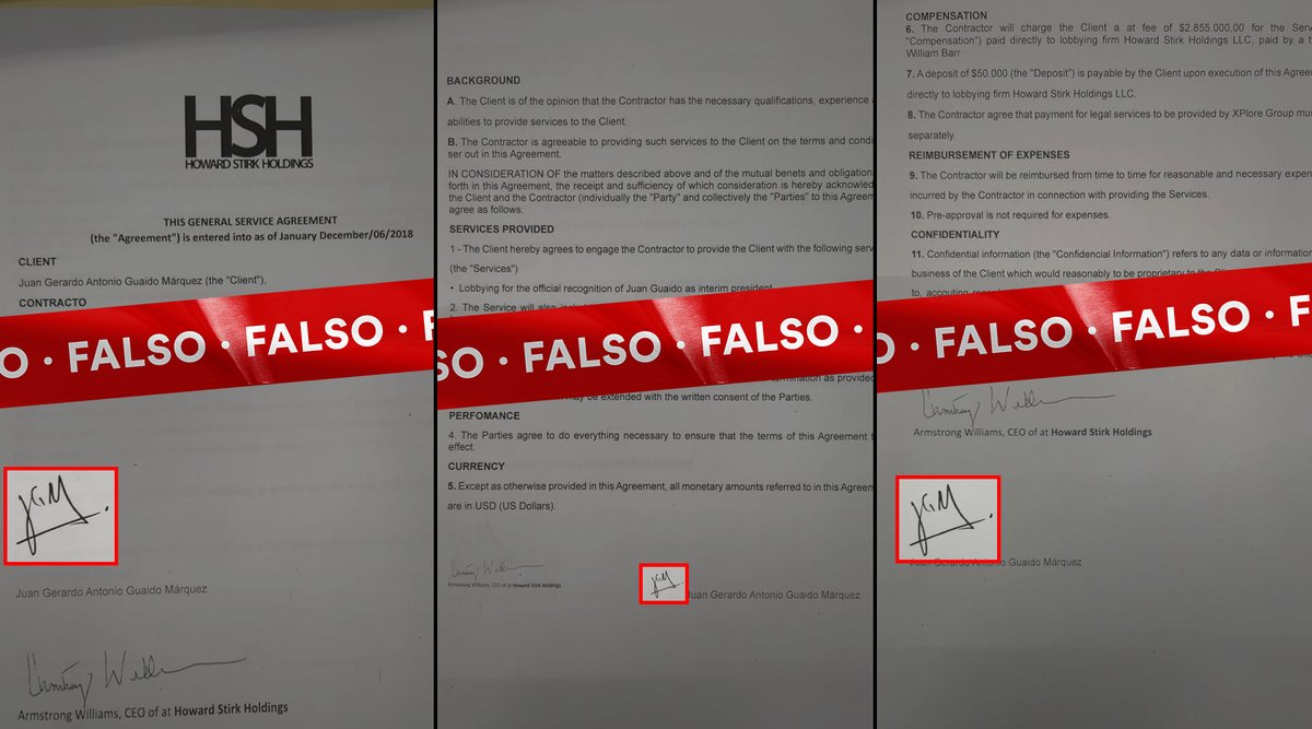 ⚠️ #LelisCFN 1⃣ | Es una FALSIFICACIÓN el documento que lleva la firma de Juan Guaidó @jguaido y la del comentarista estadounidense Armstrong Williams @Arightside La firma de Guaidó es la versión que subieron en Wikipedia de otra firma de trazo más fino, publicada en 2019 en su