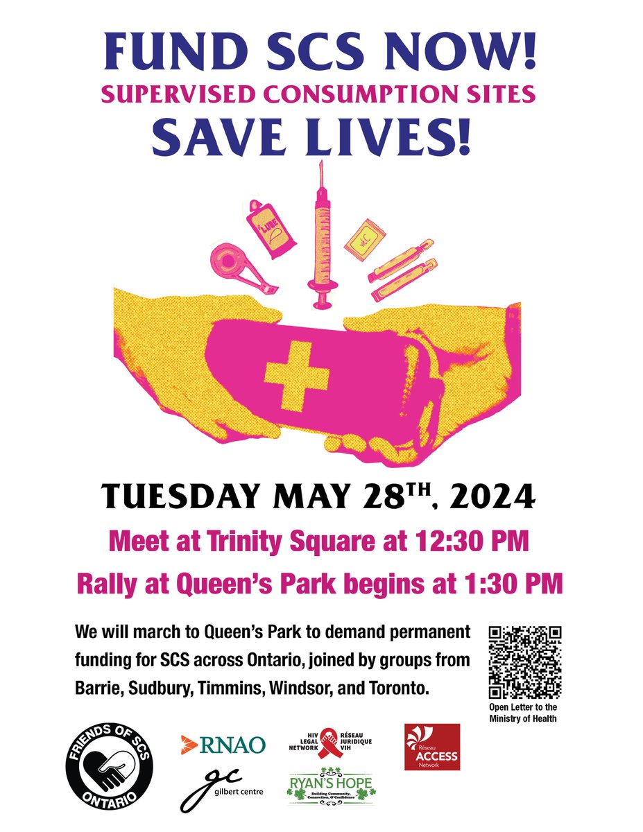 We need a #HarmReduction approach to the toxic drug crisis, including supervised consumption and a safe supply. This is what will save lives.

Print & sign & circulate our petition to #FundSCS: RNAO.ca/media/7279/dow…

Join nurses & allies at the May 28 rally. See⬇️