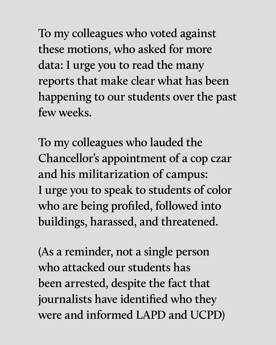 bhar_venkat's tweet image. This last Friday, we learned that our efforts to hold Chancellor Block accountable for the brutalization of our students failed in the Academic Senate.

I'm incredibly sad and angry, but I want our students to know that we won't stop fighting for them.

*feel free to share*