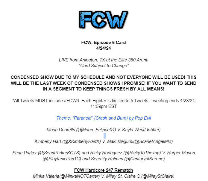 FCWfed's tweet photo. BREAKING: The card for #FCW6 is HERE! Coming off the heels of Battle Ground, we start the road to our biggest Summer show, #HTGV! Card: https://t.co/QTQFhtn5zI