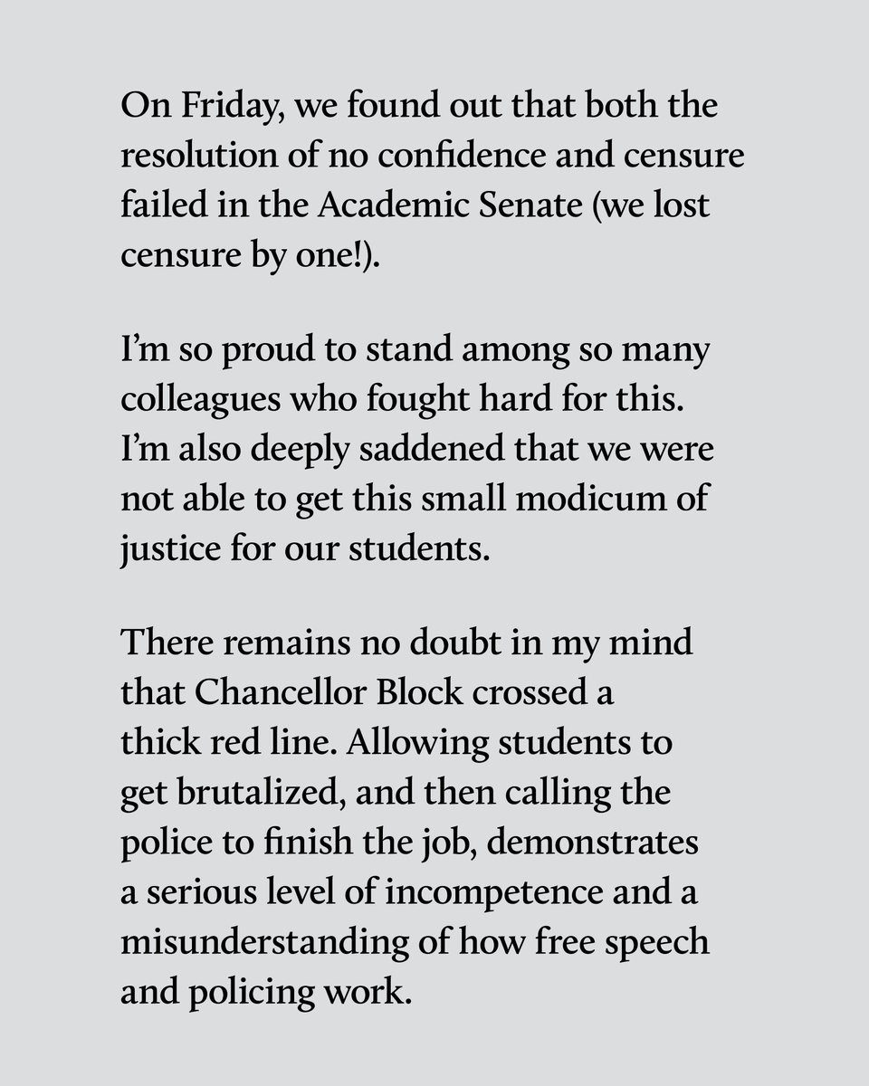 bhar_venkat's tweet image. This last Friday, we learned that our efforts to hold Chancellor Block accountable for the brutalization of our students failed in the Academic Senate.

I'm incredibly sad and angry, but I want our students to know that we won't stop fighting for them.

*feel free to share*
