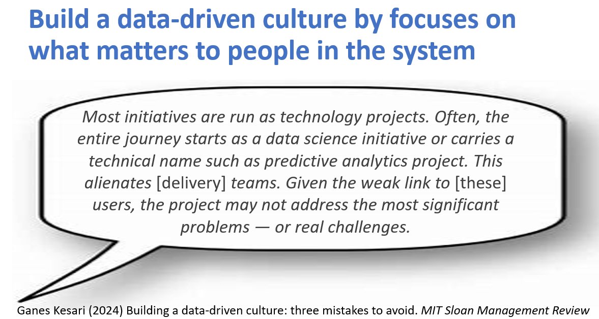 If we want to build learning organisations, we need a data-driven culture. Yet in a recent study across multiple industries, 6 in 10 leaders said they haven’t been able to establish a data-driven culture. It's mostly not to do with (technical) data systems. It's to do with people