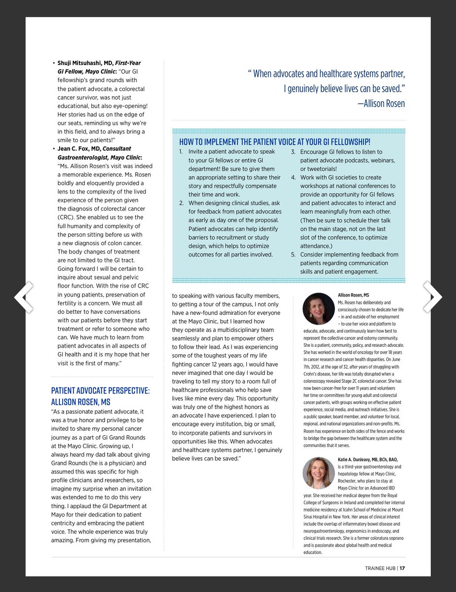 So grateful to @AmCollegeGastro Magazine for highlighting our @MayoClinicGIHep “Real World Experience: Teaching with the Patient Voice” as we welcomed @ARosen380 to share her experience with #CRC #IBD #ostomy at GI Grand Rounds! @DarrellPardi @Khanna_S @DougSimonetto @IrisWangMD