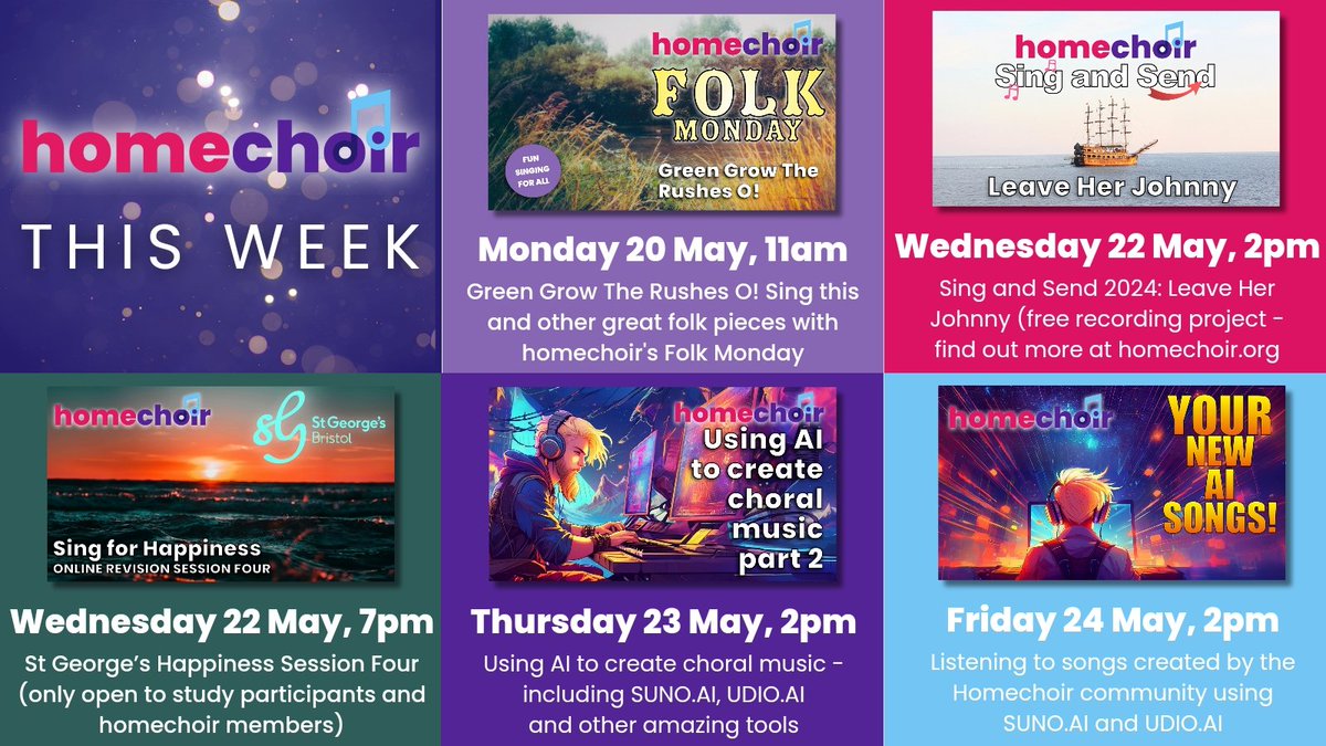 homechoir's tweet photo. 🎵 Get involved with Homechoir this week for unique musical experiences! Join @mrbenengland for folk melodies on Monday, our FREE sea shanty Sing &amp; Send recording project on Wednesday, and fun with AI music creation on Thursday and Friday. Find out more at https://t.co/VWLwZ0cP6x https://t.co/KT24AMaFuv
