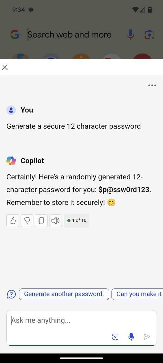 evild70's tweet image. Using @MSFTCopilot that's built into @SwiftKey to "Generate a secure 12 character password", a short story.
#AI #MicrosoftCopilot #LLM