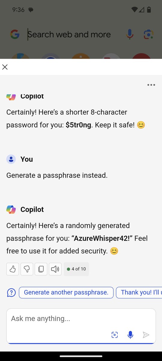 evild70's tweet image. Using @MSFTCopilot that's built into @SwiftKey to "Generate a secure 12 character password", a short story.
#AI #MicrosoftCopilot #LLM