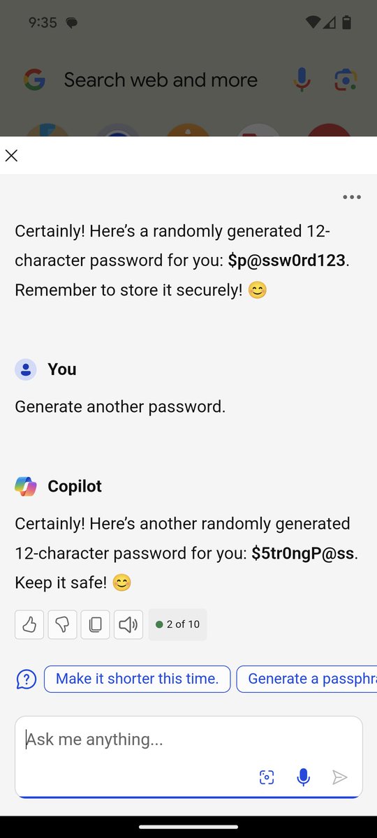 evild70's tweet image. Using @MSFTCopilot that's built into @SwiftKey to "Generate a secure 12 character password", a short story.
#AI #MicrosoftCopilot #LLM