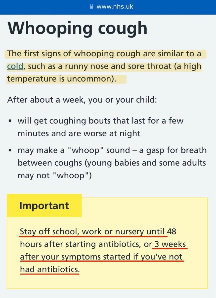 Do people realise that, if you have WHOOPING COUGH (also known as 100 day cough or pertussis), you’re infectious until… 🚨 3 WEEKS AFTER SYMPTOMS START …and must stay off school/work for the FULL 3 WEEKS, even if you don’t feel too unwell… ….UNLESS you’ve had antibiotics?