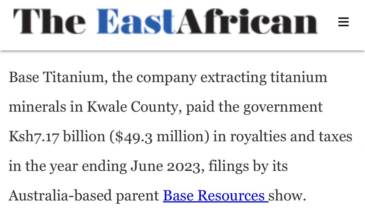 Base Titanium in Kwale paid Sh7b taxes in 2023. Add all the taxes paid by hotels in Diani and Devki Steel mill among other large tax payers in Kwale. I challenge the one man one shilling Kikuyu supremacists to list the comparable tax payers in central.