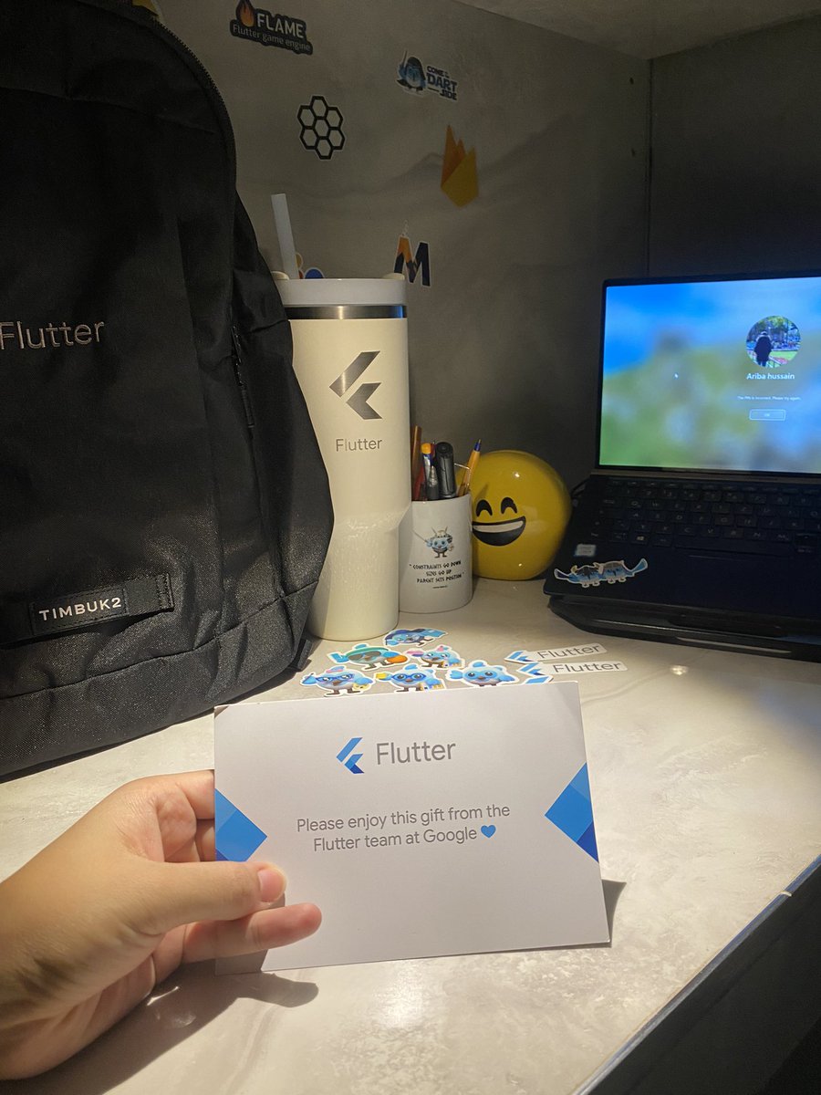 ariba_hussain10's tweet image. Hey #fluttercommunity
Just received an amazing gift 🎁from the #Flutter team at Google
The backpack and tumbler are fantastic and few more stickers .
Thank you so much for this thoughtful gesture!. 💙🙈
