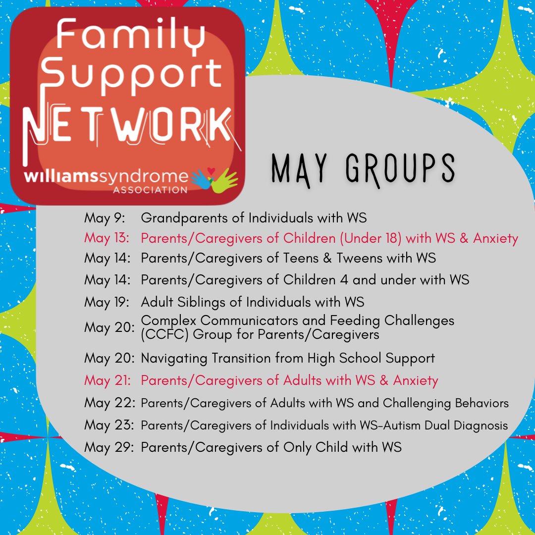 "It's gonna be May!" - NSYNC

Here are this week's FSN Groups!

Meet other parents/caregivers on their journies with Williams syndrome.

Find more information and Register at williams-syndrome.org/events
#williamssyndrome #williamssyndromeawareness #wsa #WSAFSN #WSAGroups